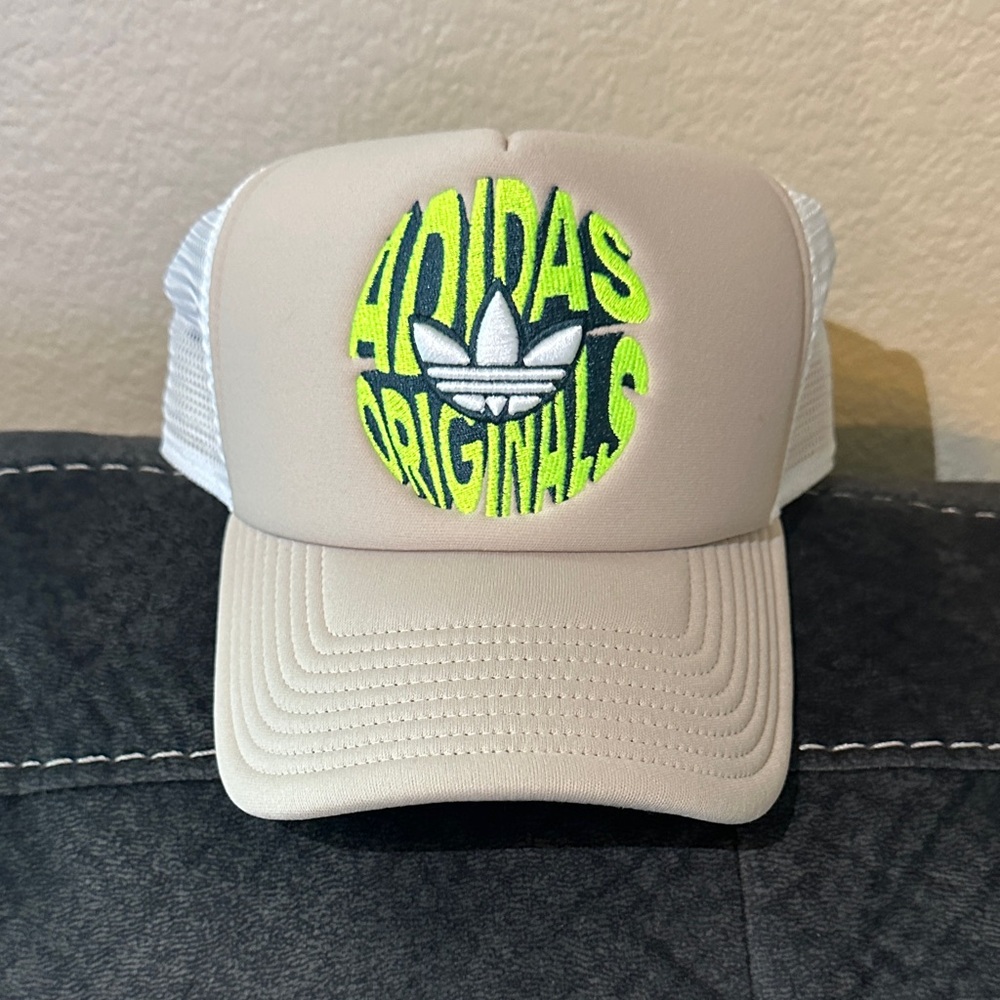 Adidas Originals Beige Trucker Cap with Neon Green Logo